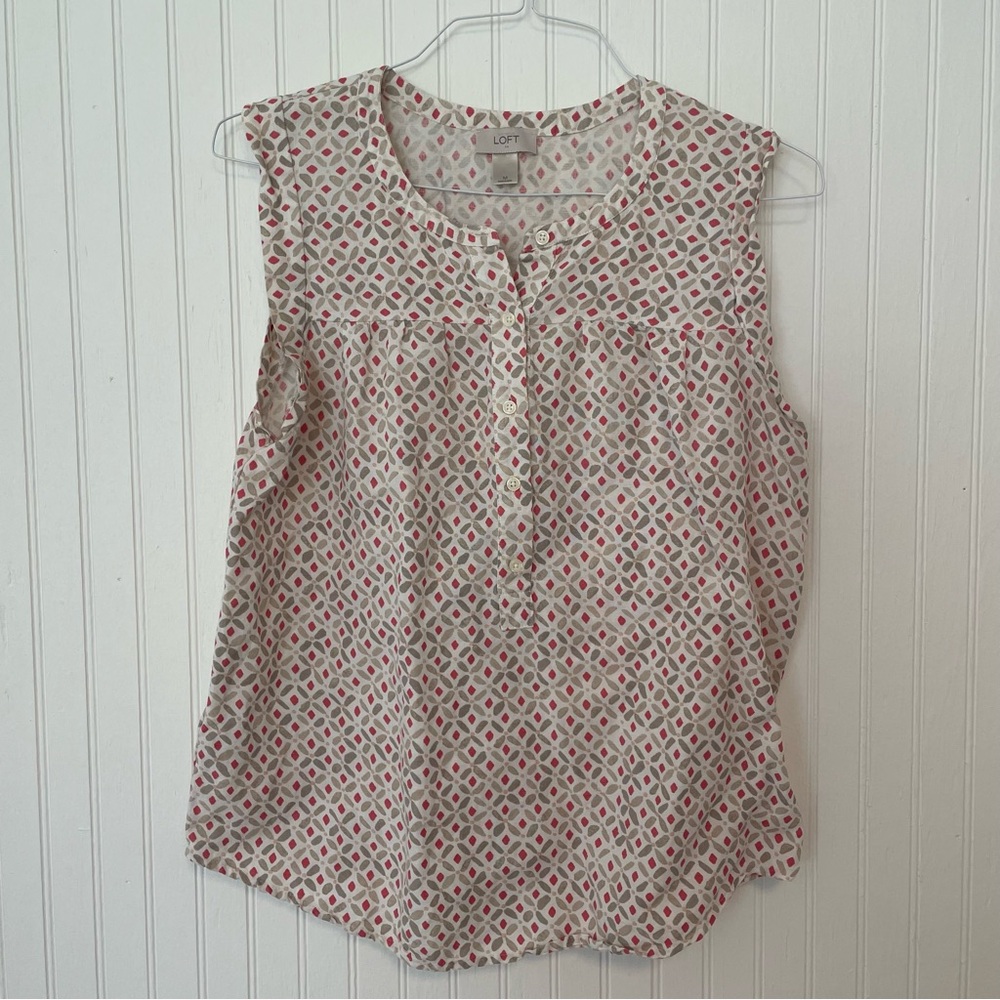 LOFT Women’s Pink/Taupe Sleeveless Linen Top (MEDIUM)